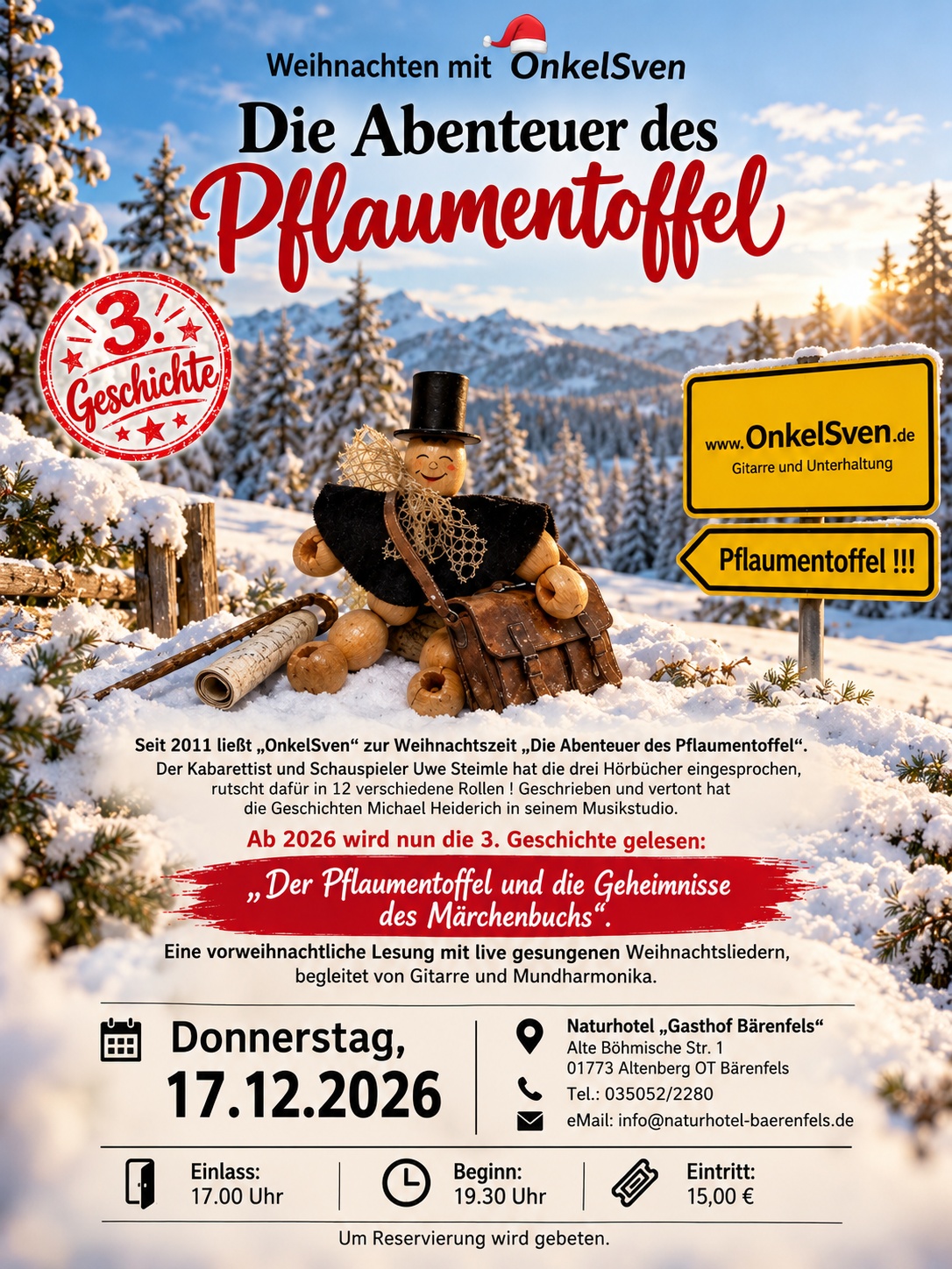Veranstaltungsplakat für die weihnachtliche Lesung von Die Abenteuer des Pflaumentoffel mit Uwe Steimle, die am 17. Dezember 2026 im Naturhotel Gasthof Bärenfels stattfindet und die Tradition des Erzgebirges würdigt.
