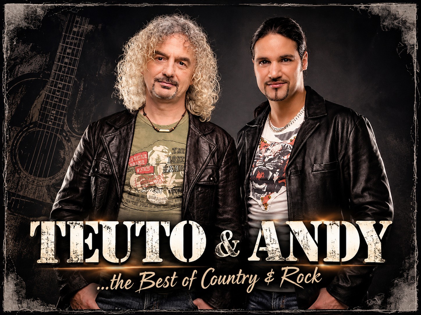 Zwei Männer mit langen Haaren und Lederjacken stehen nebeneinander vor einem dunklen Hintergrund und einer Gitarre. Der Text lautet: TEUTO & ANDY … das Beste aus Country & Rock, mit Andy, dem „Teufelsgeiger“. Beide blicken in die Kamera, die Hände in den Taschen.