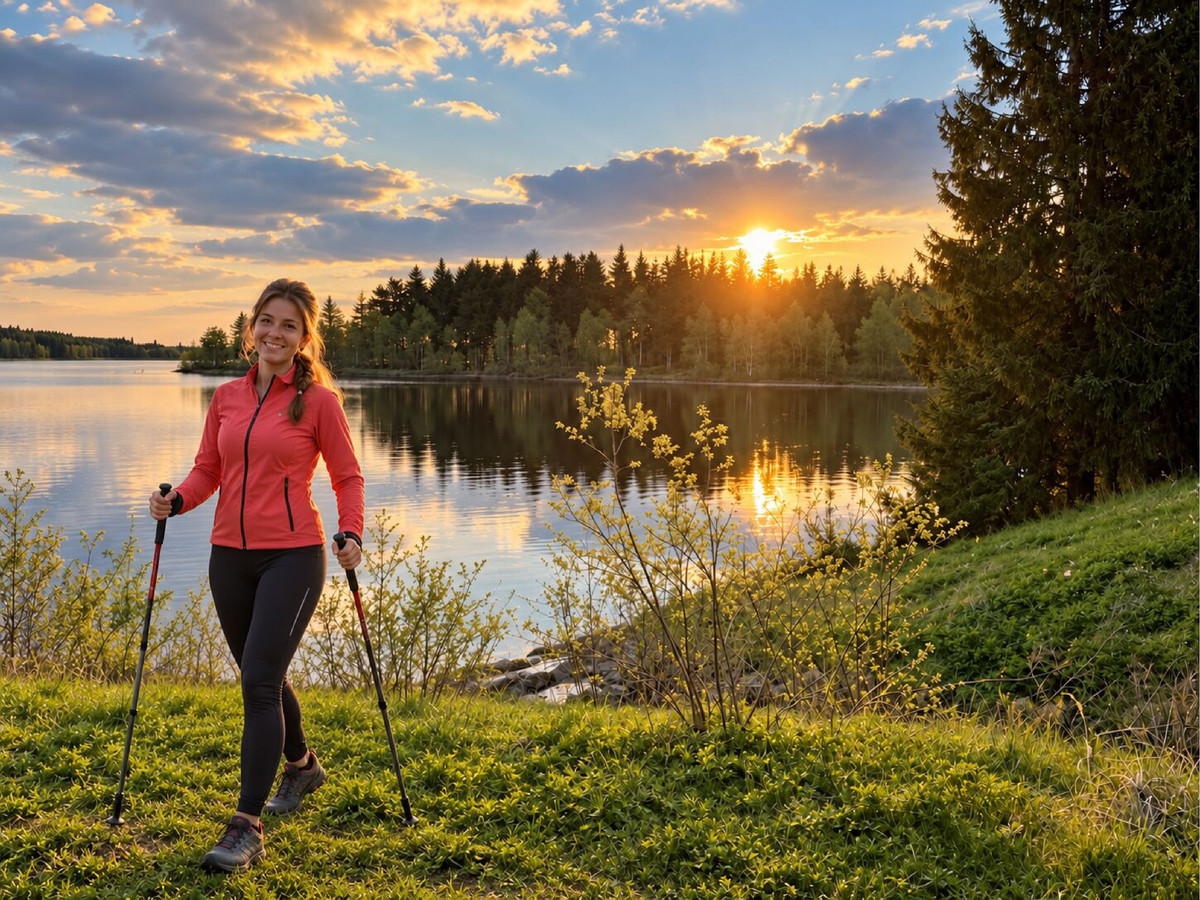 Eine Frau auf Abenteuerreise lächelt mit ihren Wanderstöcken, während sie bei Sonnenuntergang an einem See entlangwandert, an dessen Oberfläche sich Bäume und Wolken spiegeln – ein inspirierender Moment eines Aktivurlaubs in der Natur.