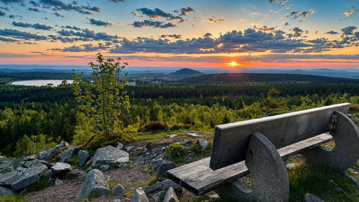 Von einer Holzbank auf dem Kahleberg aus hat man bei Sonnenaufgang einen Blick auf einen üppig grünen Wald und einen in der Ferne liegenden See. Mit Felsen, einem kleinen Baum und vereinzelten Wolken lädt diese friedliche, malerische Aussicht dazu ein, sich in der Nähe dieses charmanten Naturhotels inmitten der Natur zu entspannen.