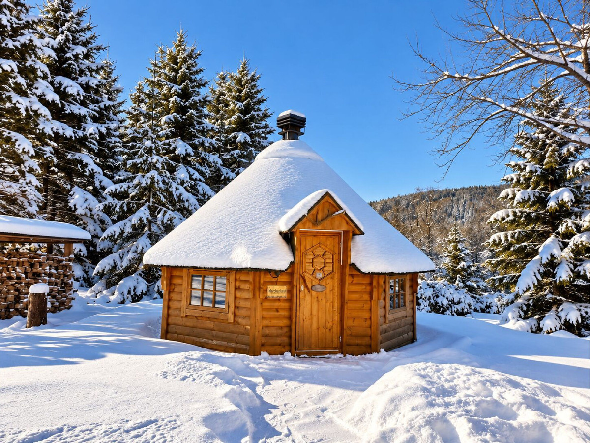 Eine kleine, runde Holzhütte mit schneebedecktem Dach steht inmitten schneebedeckter Nadelbäume unter einem strahlend blauen Himmel. Der Boden ist mit Schnee bedeckt, und links ist gestapeltes Brennholz zu sehen.