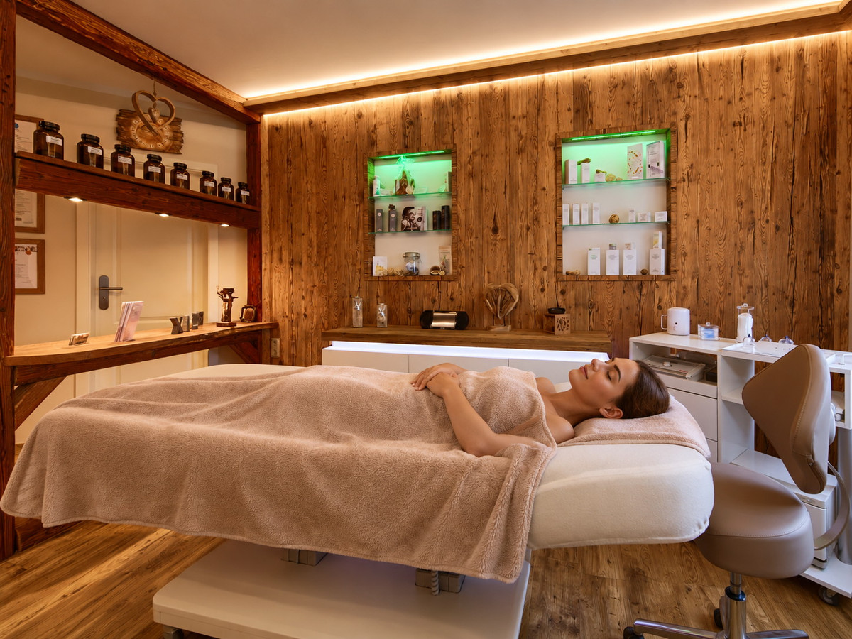 Eine Frau liegt auf einer mit einem beigen Handtuch bedeckten Massageliege im gemütlichen Natur-Spa im Bärenfels, umgeben von Holzwänden, Regalen mit Wellnessprodukten, sanfter Beleuchtung und einer entspannenden Einrichtung.