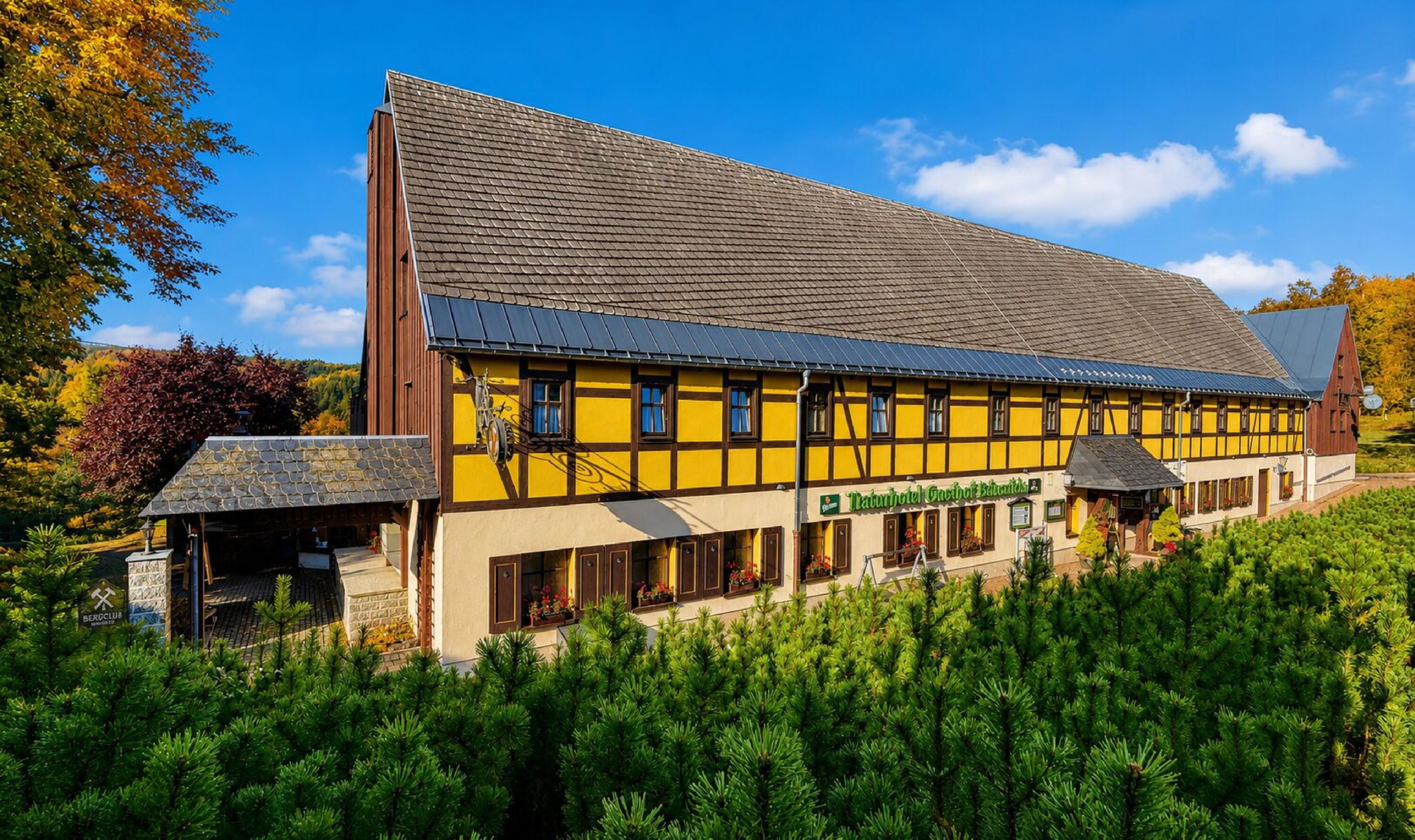 Inmitten grüner Bäume unter strahlend blauem Himmel steht ein großes, gelb-braunes Fachwerkhaus mit steilem Dach, das ist das Naturhotel Gasthof Bärenfels im schönen Osterzgebirge.