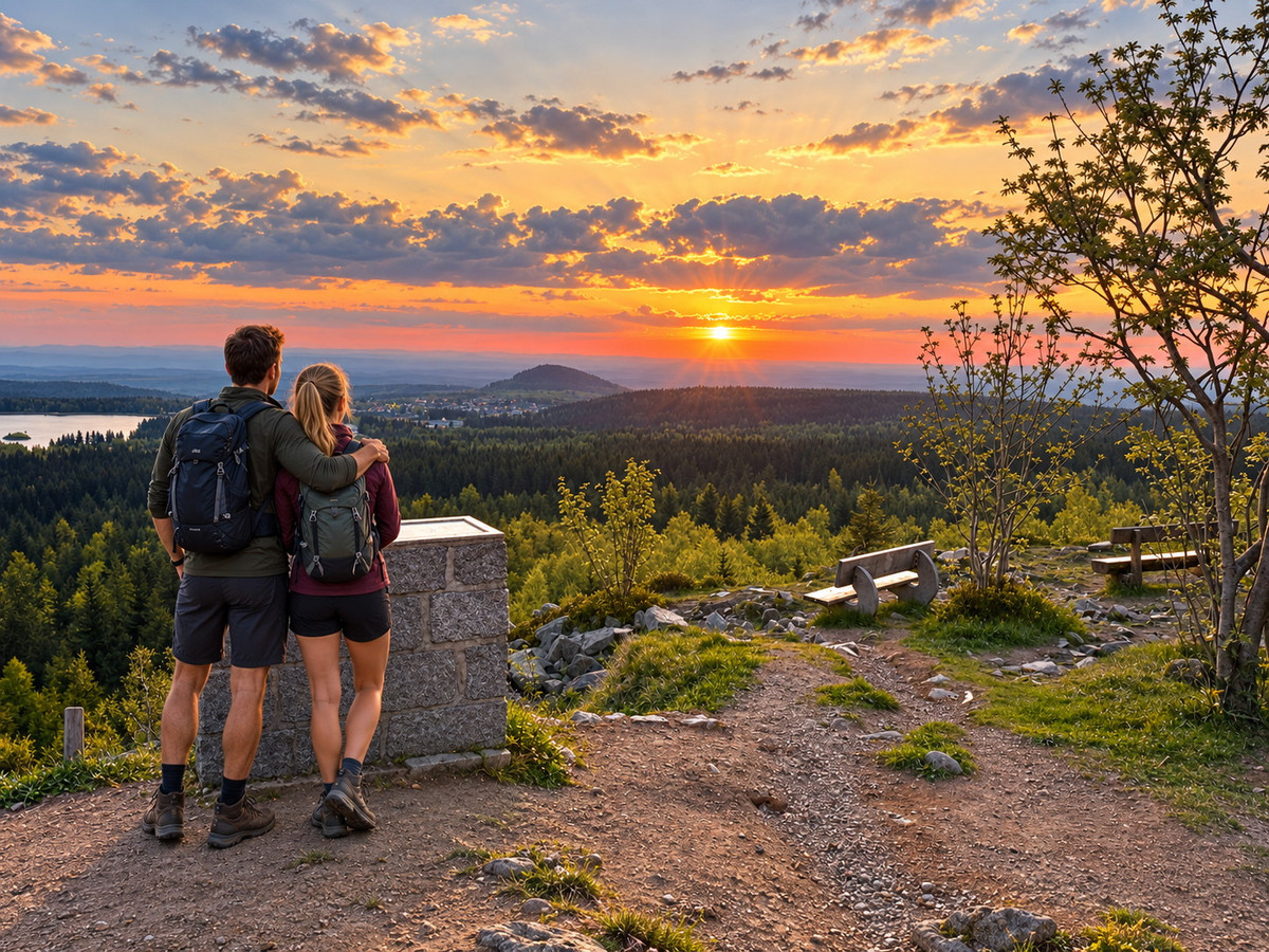 Ein Paar mit Rucksäcken steht auf einem felsigen Hügel, die Arme umeinander geschlungen, und genießt den malerischen Sonnenuntergang über einer bewaldeten Landschaft. Bänke und Bäume tragen zur ruhigen Atmosphäre bei – perfekt für ein Aktiv-Urlaub-Abenteuer inmitten der Schönheit der Natur.